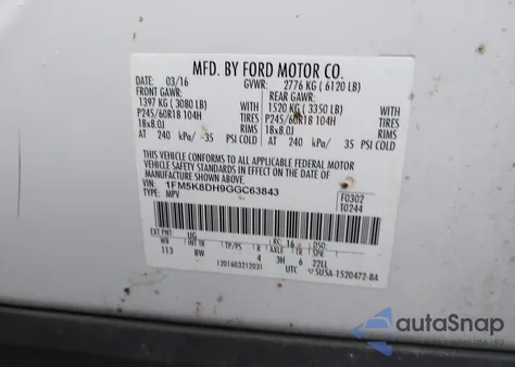 2016 Ford Explorer Xlt from USA, damaged, VIN 1FM5K8DH9GGC63843